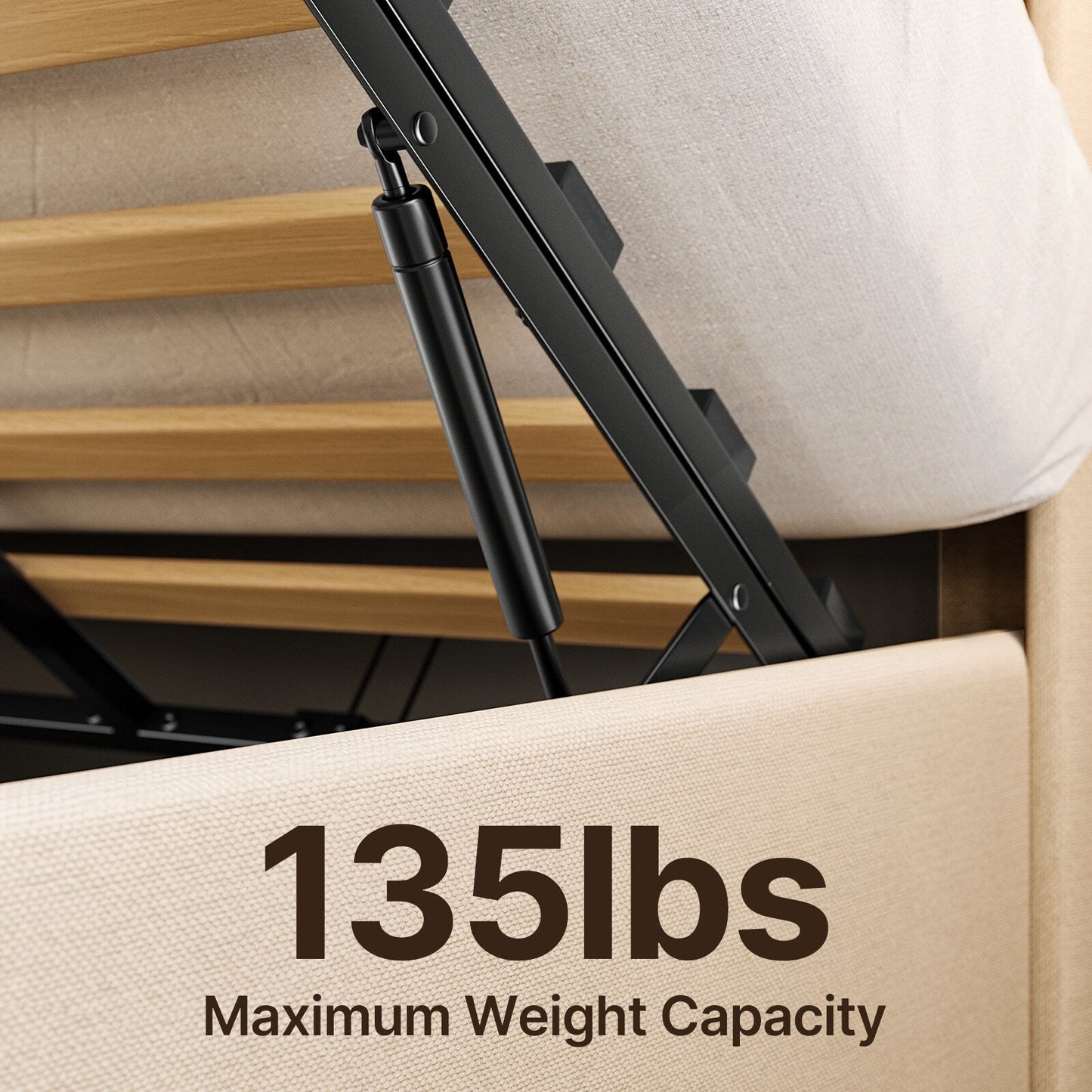 Cadre de lit coffre relevable, cadre de lit plateforme rembourré avec système de rangement hydraulique et tête de lit