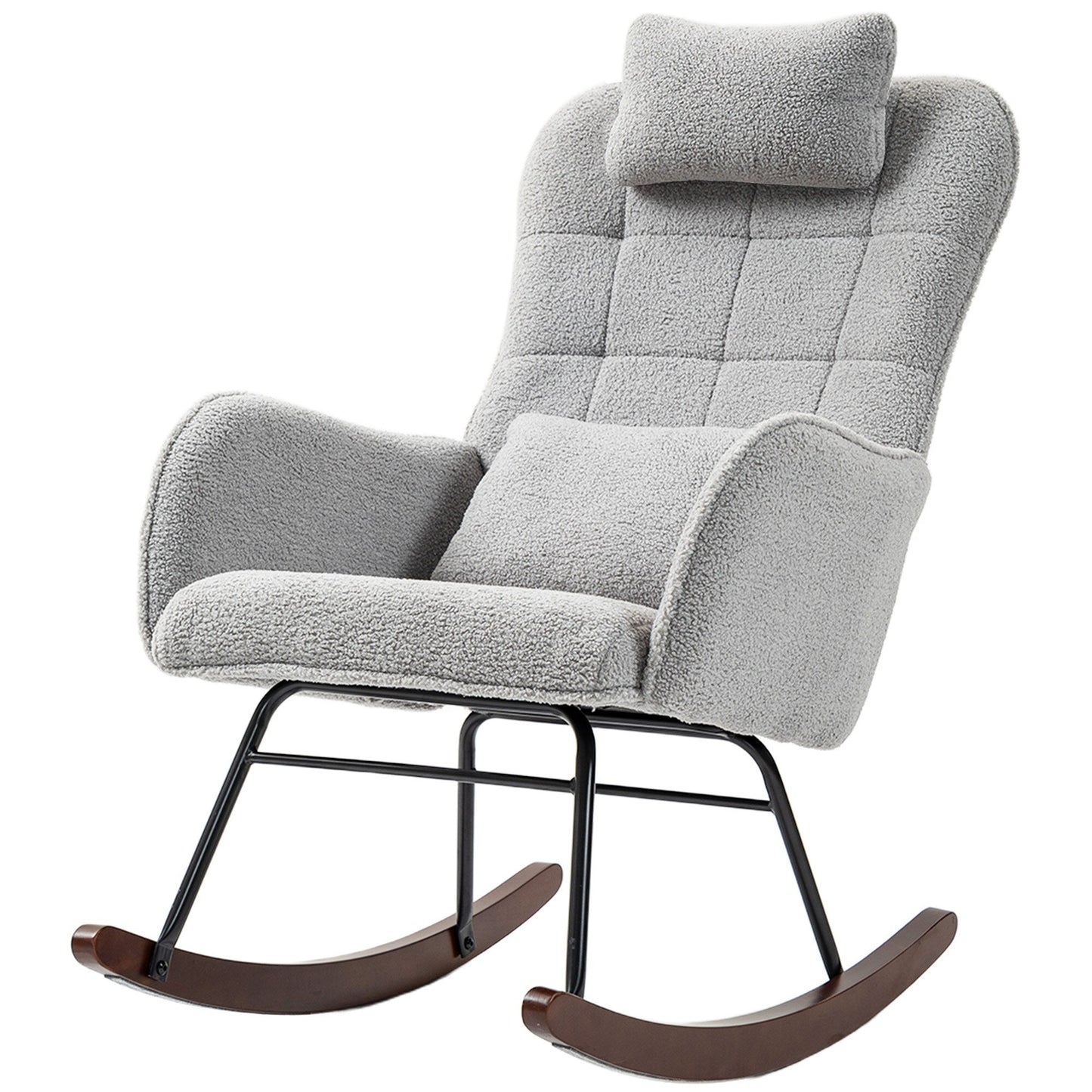 Fauteuil berçant moderne rembourré pour chambre d'enfant, avec dossier haut, appui-tête et coussin lombaire, idéal pour le salon ou la chambre à coucher.