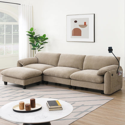 Canapé sectionnel modulaire en chenille de 108 pouces avec ports USB et Type-C, supports de téléphone, poches de rangement latérales et pouf amovible
