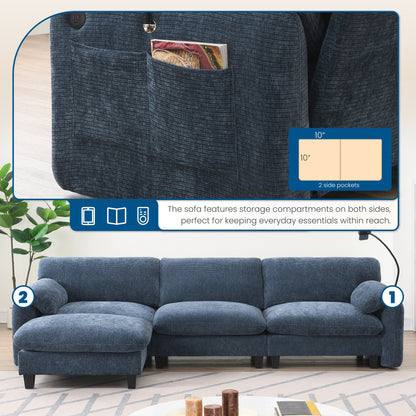 Canapé sectionnel modulaire en chenille de 108 pouces avec ports USB et Type-C, supports de téléphone, poches de rangement latérales et pouf amovible