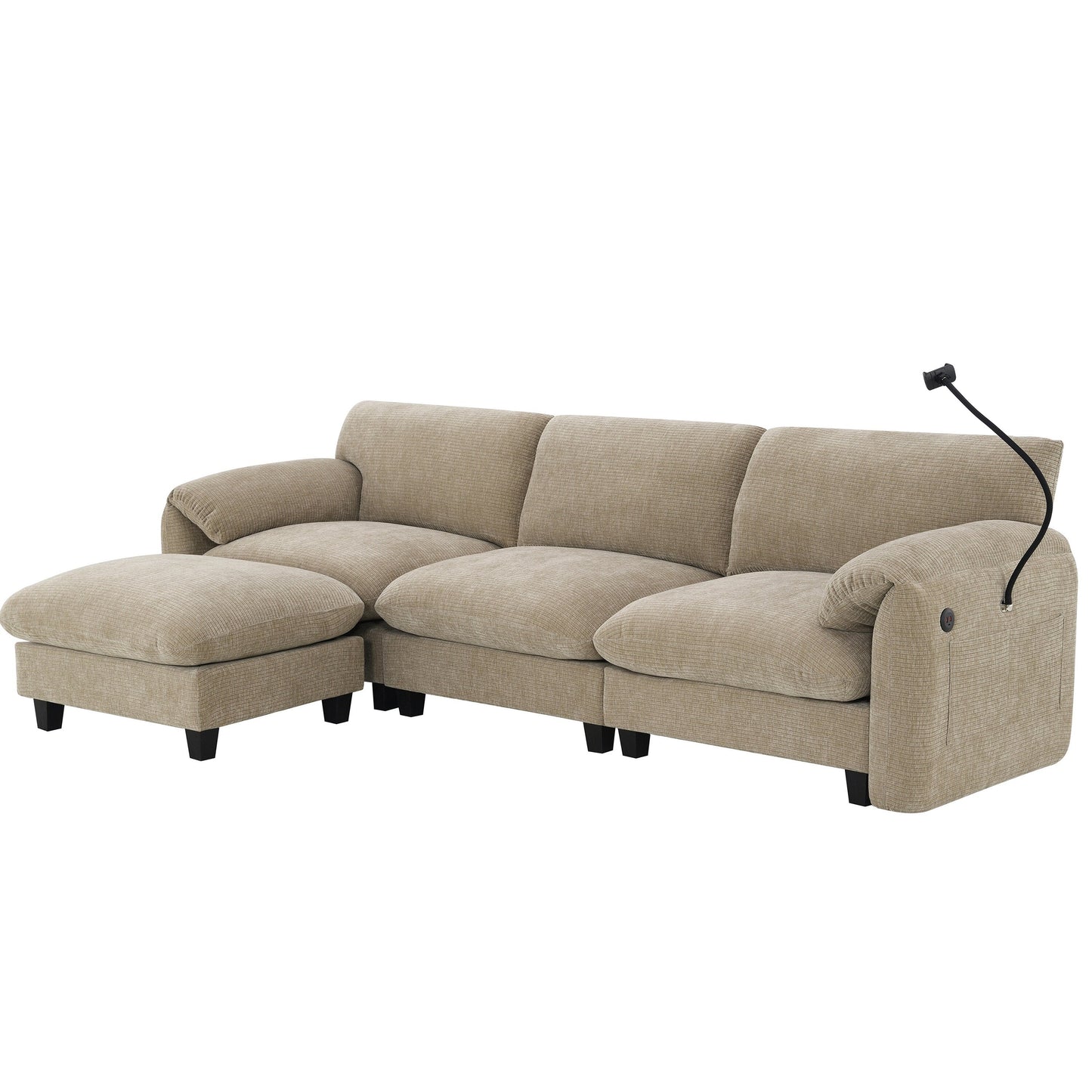 Canapé sectionnel modulaire en chenille de 108 pouces avec ports USB et Type-C, supports de téléphone, poches de rangement latérales et pouf amovible