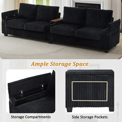 Canapé-lit 4 places moderne en velours côtelé avec ports USB et porte-gobelets rabattables