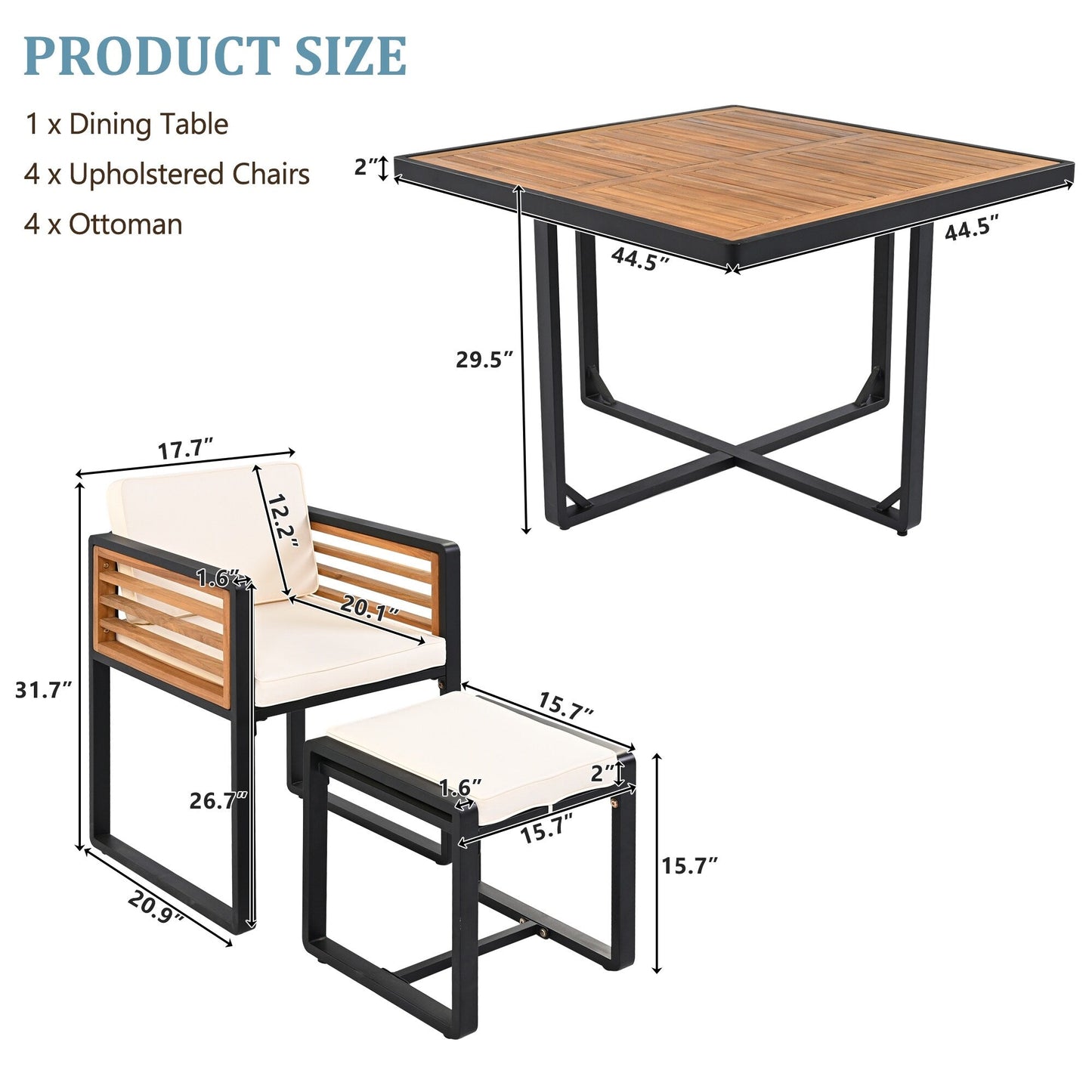 Ensemble de salle à manger de patio en bois d'acacia 18 pièces, comprenant 8 chaises rembourrées, 8 poufs et 2 tables carrées