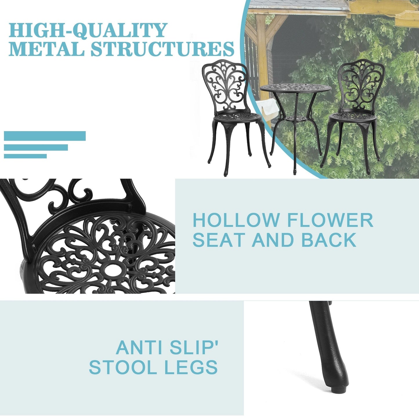 Ensemble table et chaises papillon d'extérieur en aluminium 3 pièces avec trou pour parasol