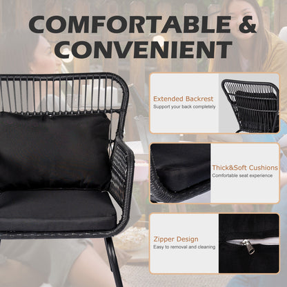 Ensemble bistro de conversation en résine tressée 3 pièces pour extérieur, mobilier de patio en rotin résistant aux intempéries avec coussins