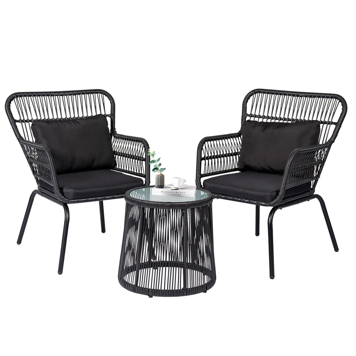 Ensemble bistro de conversation en résine tressée 3 pièces pour extérieur, mobilier de patio en rotin résistant aux intempéries avec coussins