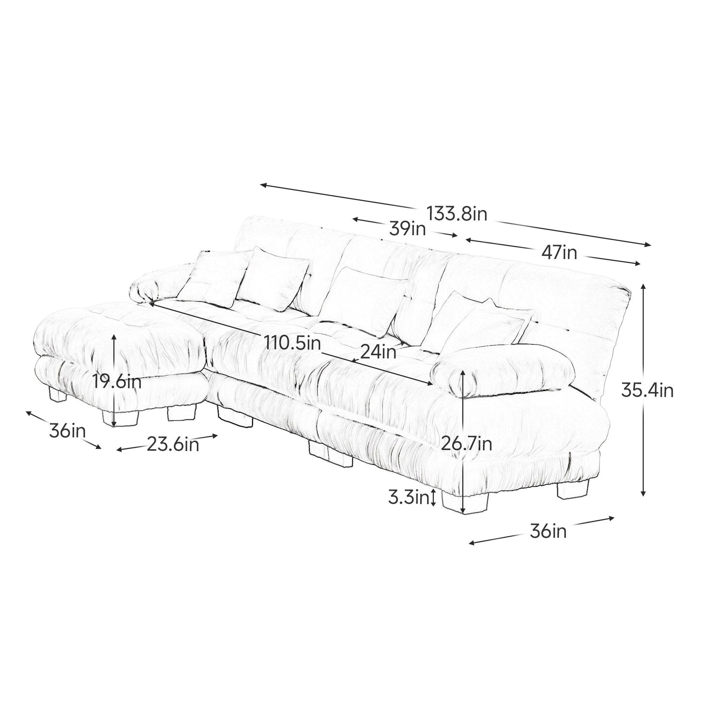 Canapé d'angle modulable 3 places, canapé profond en forme de nuage avec pouf convertible pour salon