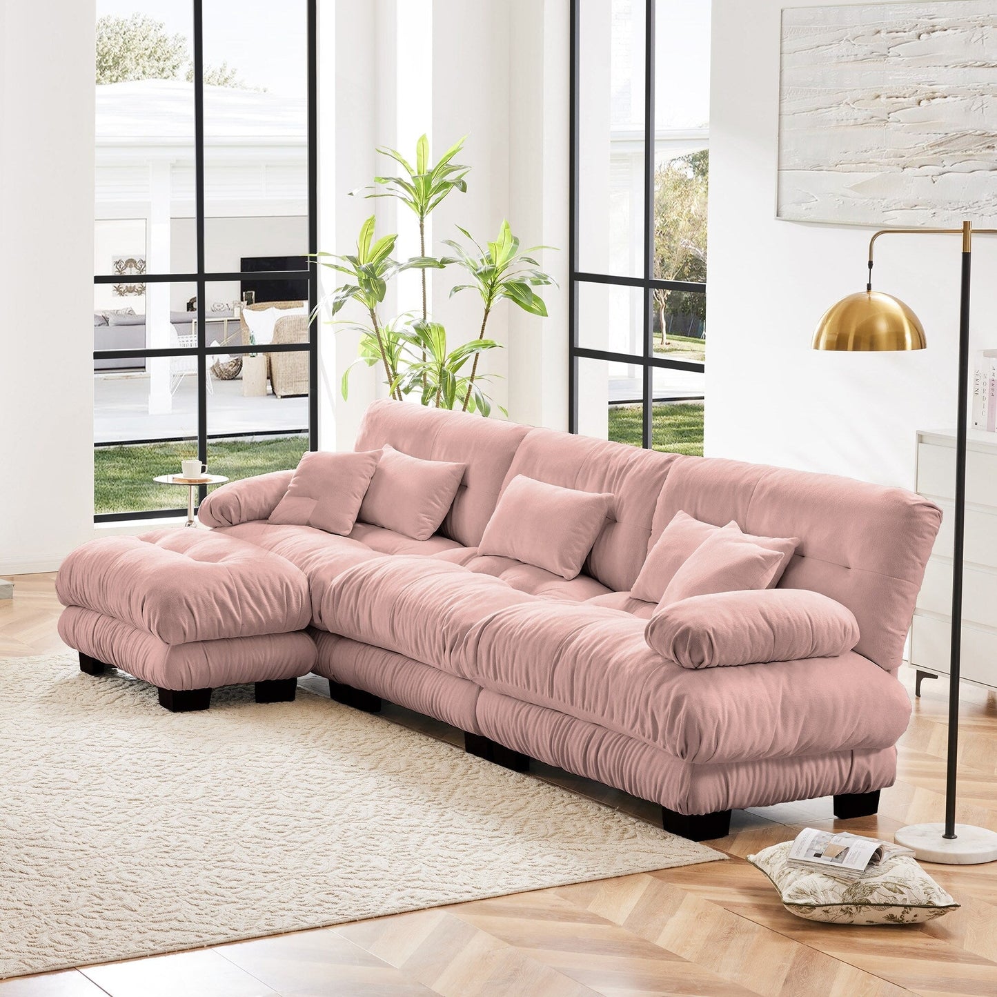 Canapé d'angle modulable 3 places, canapé profond en forme de nuage avec pouf convertible pour salon