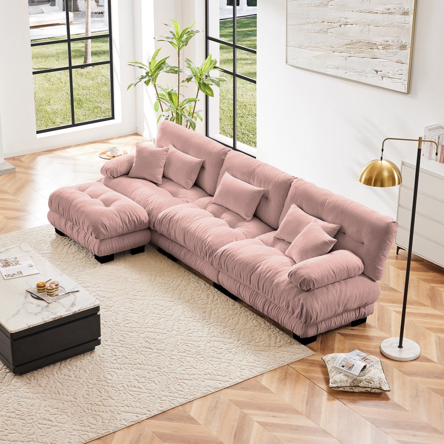Canapé d'angle modulable 3 places, canapé profond en forme de nuage avec pouf convertible pour salon