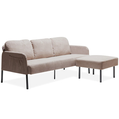 Canapé 3 places en tissu polyester en forme de L avec pouf, canapé rembourré moderne, petit canapé confortable pour petits espaces