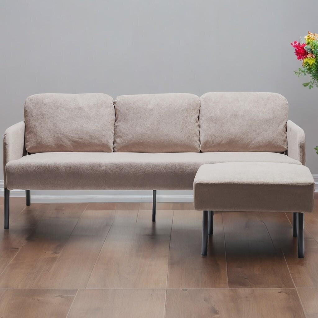 Canapé 3 places en tissu polyester en forme de L avec pouf, canapé rembourré moderne, petit canapé confortable pour petits espaces
