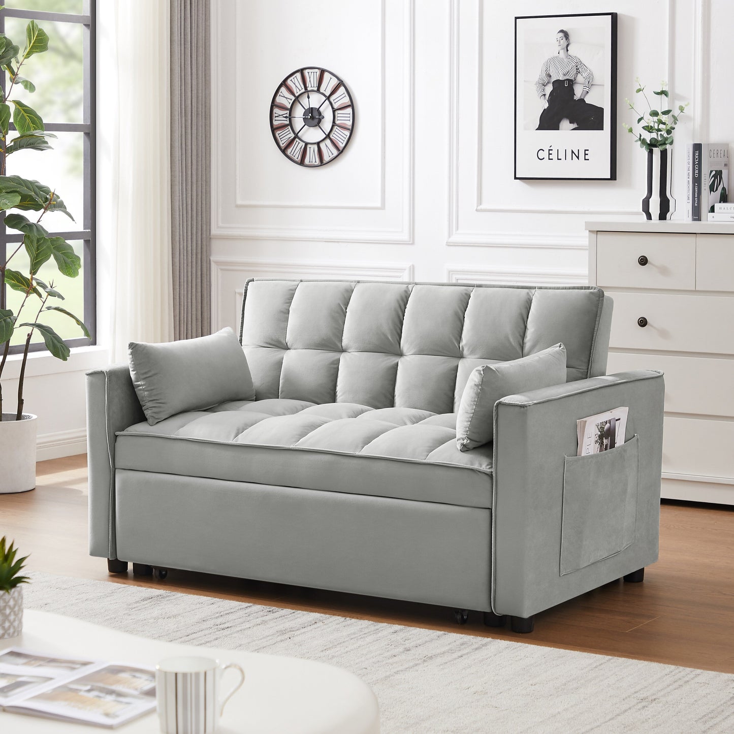 Canapé-lit futon 3 en 1 moderne en velours avec poches pour oreillers, gris