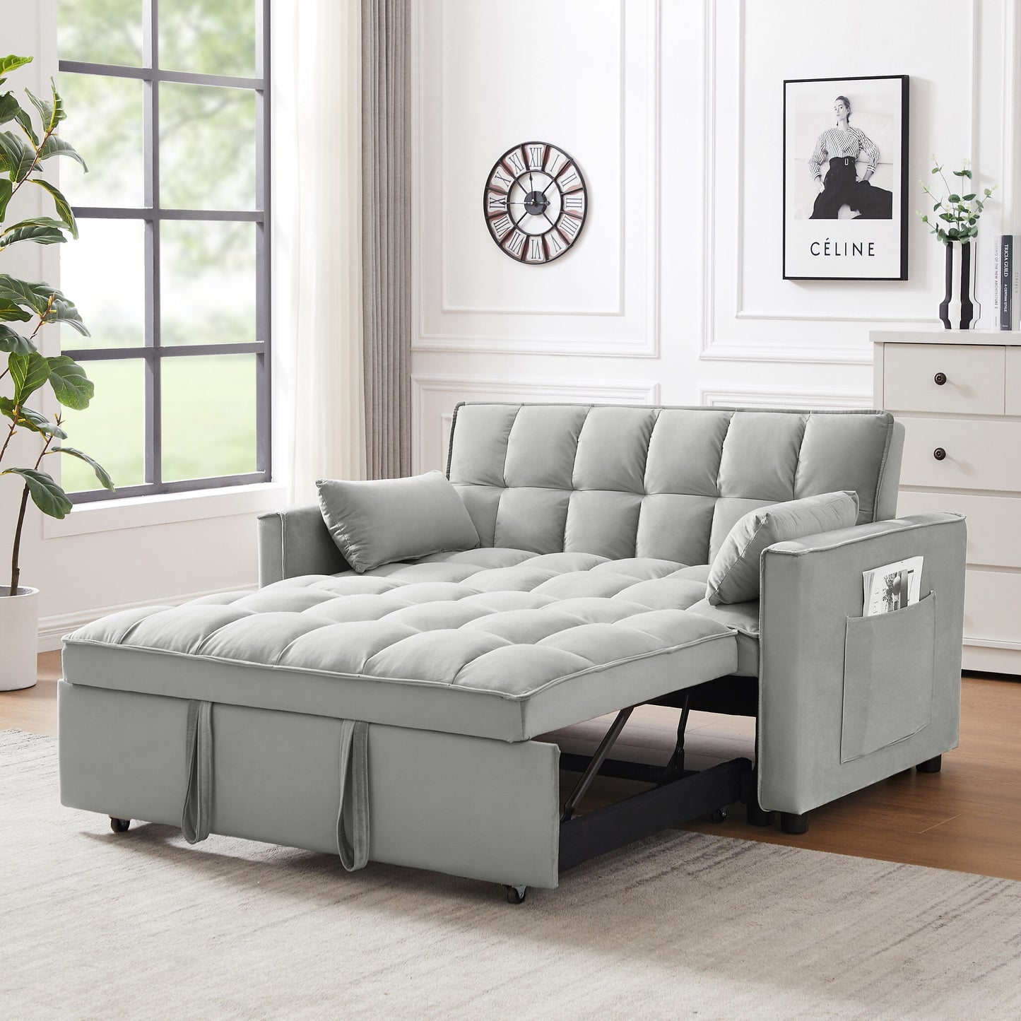Canapé-lit futon 3 en 1 moderne en velours avec poches pour oreillers, gris