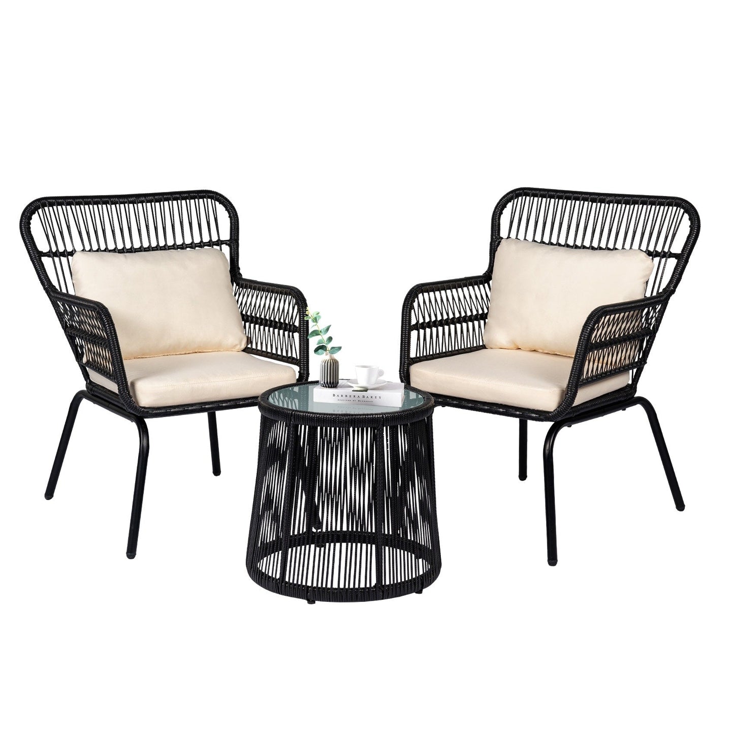 Ensemble bistro de conversation en résine tressée 3 pièces pour extérieur, mobilier de patio en rotin résistant aux intempéries avec coussins