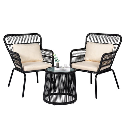 Ensemble bistro de conversation en résine tressée 3 pièces pour extérieur, mobilier de patio en rotin résistant aux intempéries avec coussins