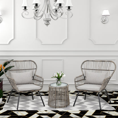 Ensemble bistro de conversation en résine tressée 3 pièces pour extérieur, mobilier de patio en rotin résistant aux intempéries avec coussins