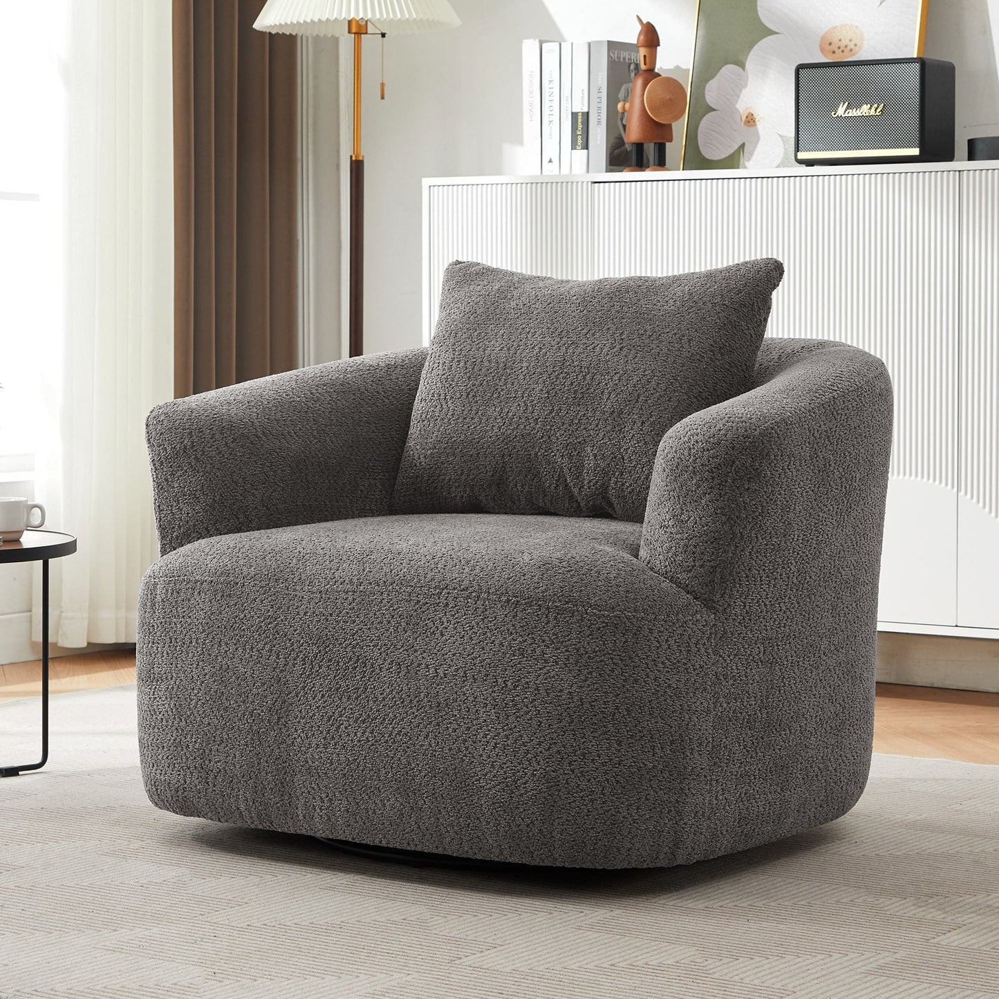 Fauteuil pivotant à 360°, fauteuil d'appoint en bouclette de 38,2 cm avec coussin décoratif, fauteuil-canapé rembourré avec accoudoirs incurvés