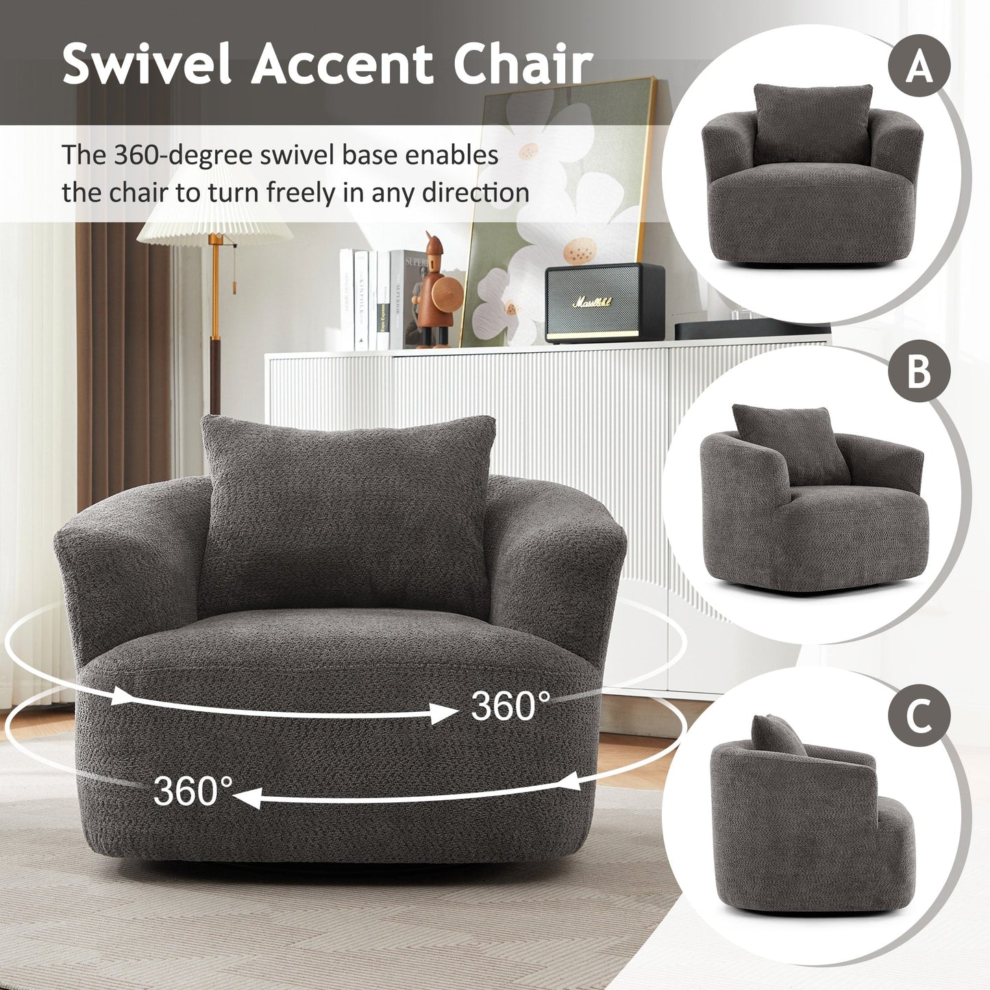 Fauteuil pivotant à 360°, fauteuil d'appoint en bouclette de 38,2 cm avec coussin décoratif, fauteuil-canapé rembourré avec accoudoirs incurvés