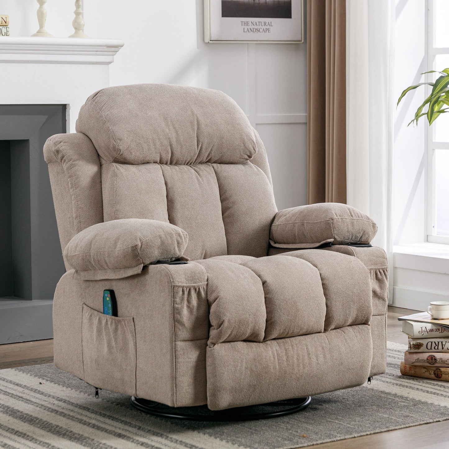 Fauteuil inclinable pivotant à 360° avec massage, chauffage, port USB et porte-gobelets
