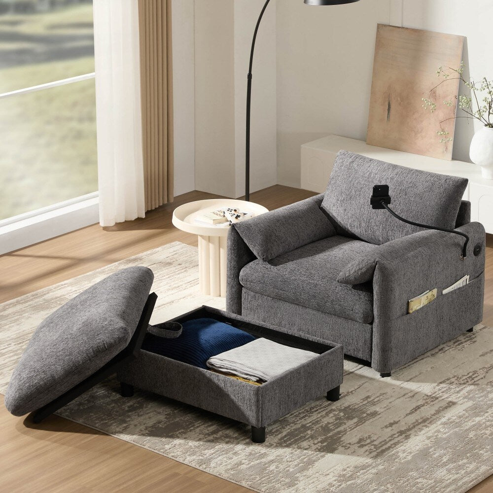 Canapé simple en chenille de 38 pouces avec pouf de rangement, chargeur USB, poches de rangement latérales et accoudoirs en forme de coussin