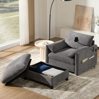 Canapé simple en chenille de 38 pouces avec pouf de rangement, chargeur USB, poches de rangement latérales et accoudoirs en forme de coussin