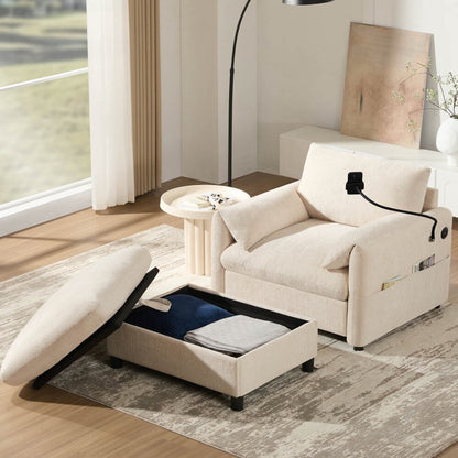 Canapé simple en chenille de 38 pouces avec pouf de rangement, chargeur USB, poches de rangement latérales et accoudoirs en forme de coussin