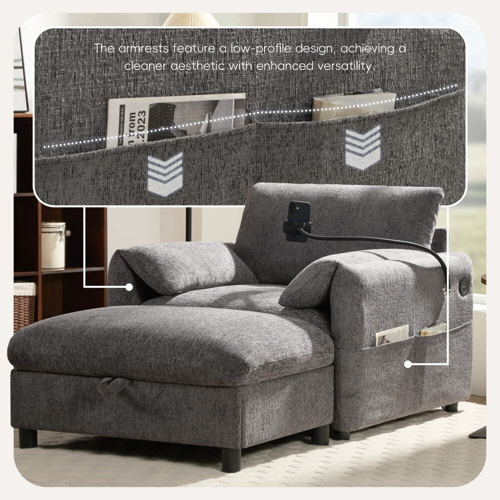 Canapé simple en chenille de 38 pouces avec pouf de rangement, chargeur USB, poches de rangement latérales et accoudoirs en forme de coussin