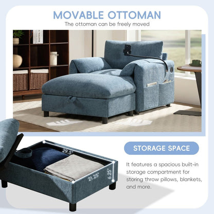 Canapé simple en chenille de 38 pouces avec pouf de rangement, chargeur USB, poches de rangement latérales et accoudoirs en forme de coussin