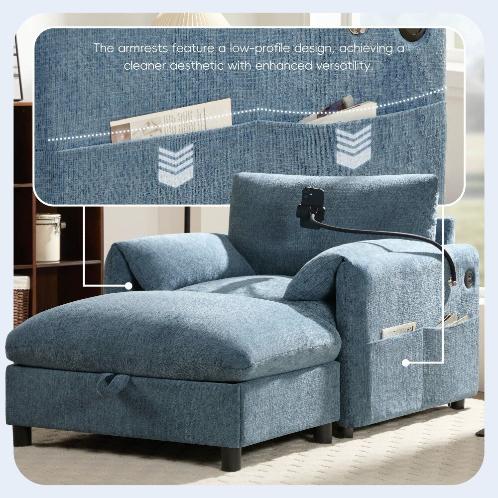 Canapé simple en chenille de 38 pouces avec pouf de rangement, chargeur USB, poches de rangement latérales et accoudoirs en forme de coussin