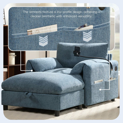 Canapé simple en chenille de 38 pouces avec pouf de rangement, chargeur USB, poches de rangement latérales et accoudoirs en forme de coussin