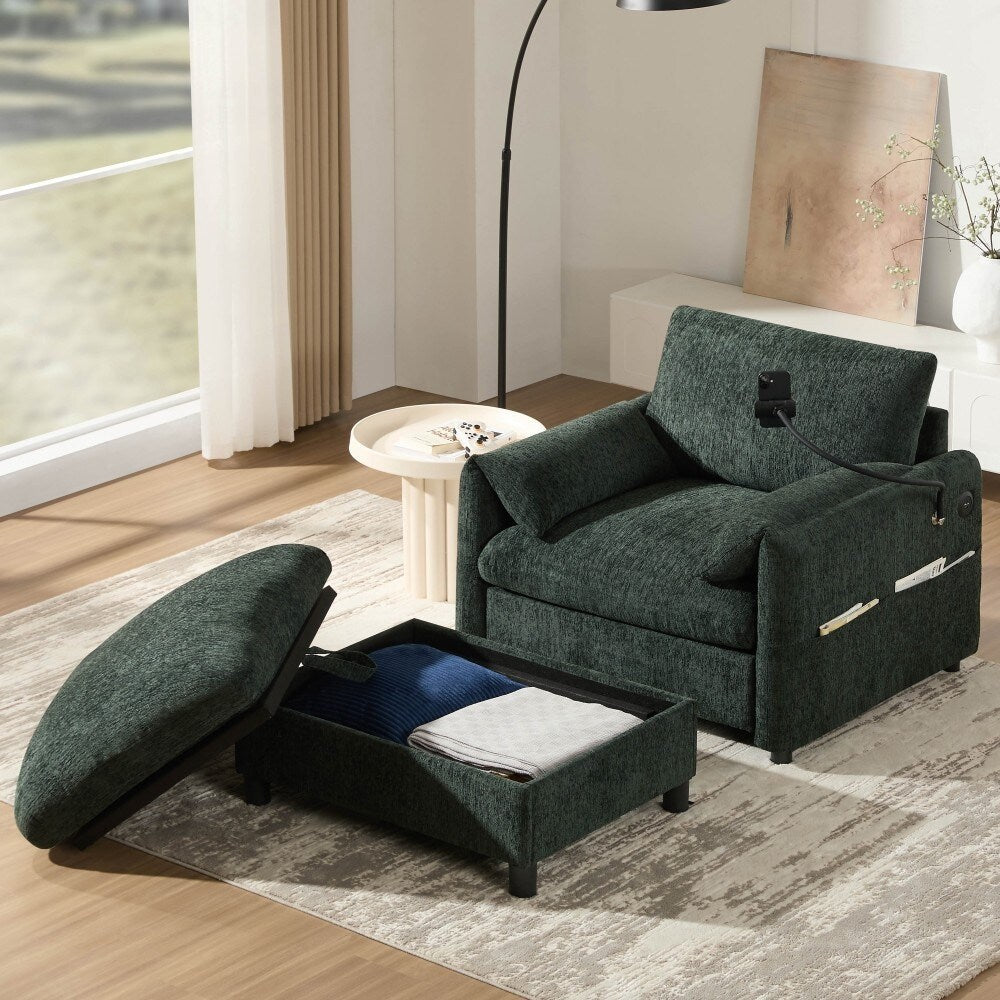 Canapé simple en chenille de 38 pouces avec pouf de rangement, chargeur USB, poches de rangement latérales et accoudoirs en forme de coussin