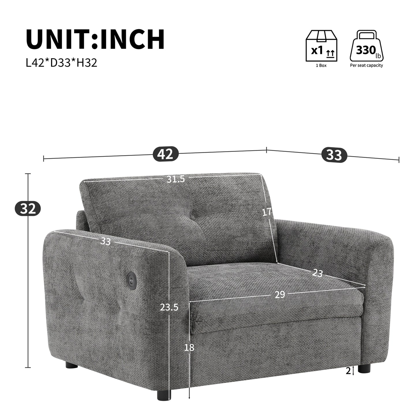 Canapé simple 42 x 33, fauteuil à assise large, chargeur double port, design capitonné et à traction, mousse haute densité