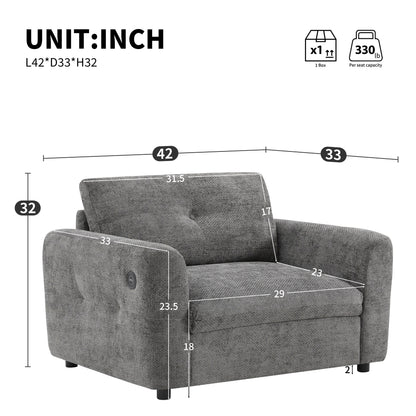 Canapé simple 42 x 33, fauteuil à assise large, chargeur double port, design capitonné et à traction, mousse haute densité