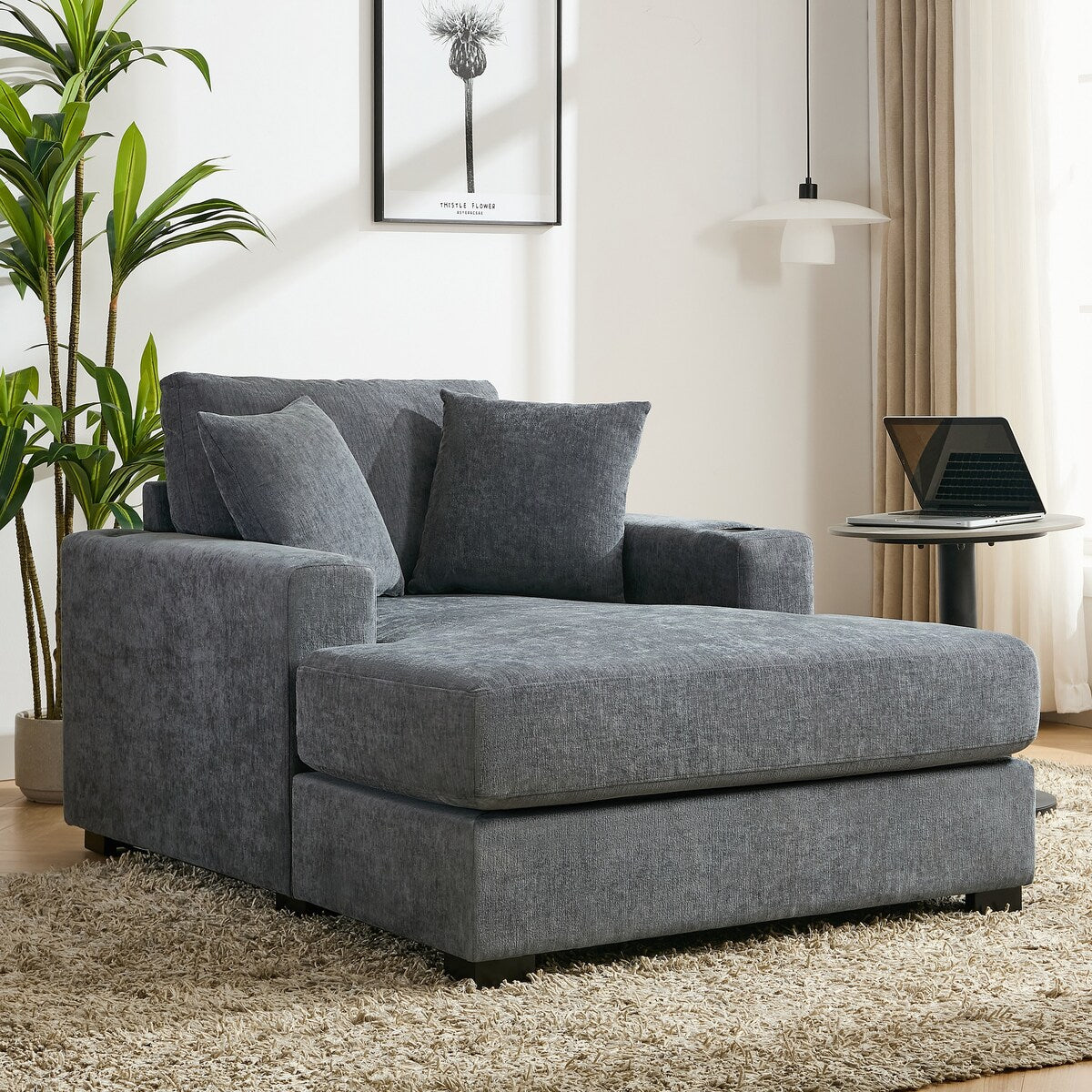 Canapé-lit surdimensionné de 43,5 po, style moderne, avec coussins, station de charge et porte-gobelets, tissu chenille
