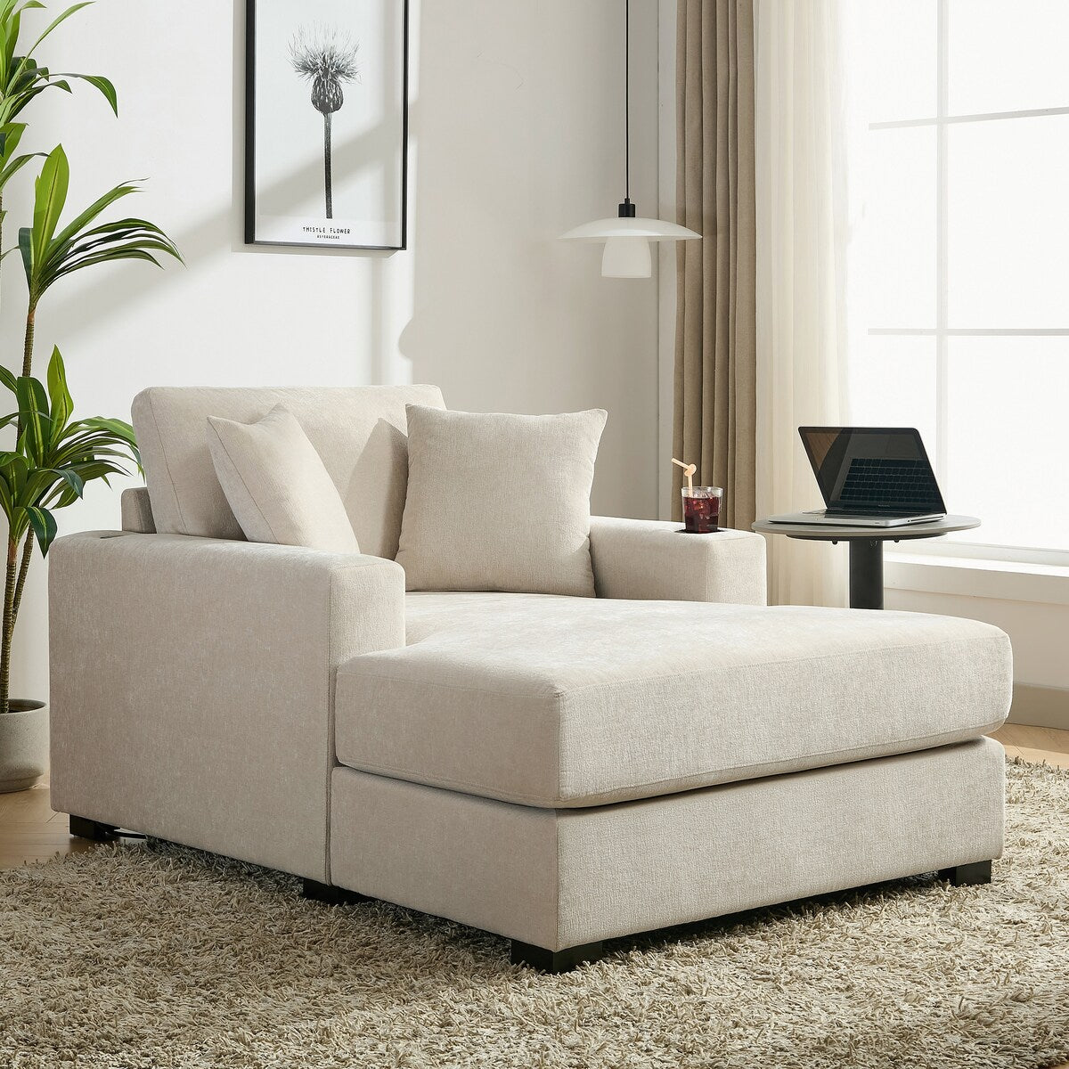 Canapé-lit surdimensionné de 43,5 po, style moderne, avec coussins, station de charge et porte-gobelets, tissu chenille