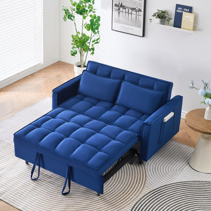Canapé convertible 3 en 1 en velours bleu de 55 pouces avec poches