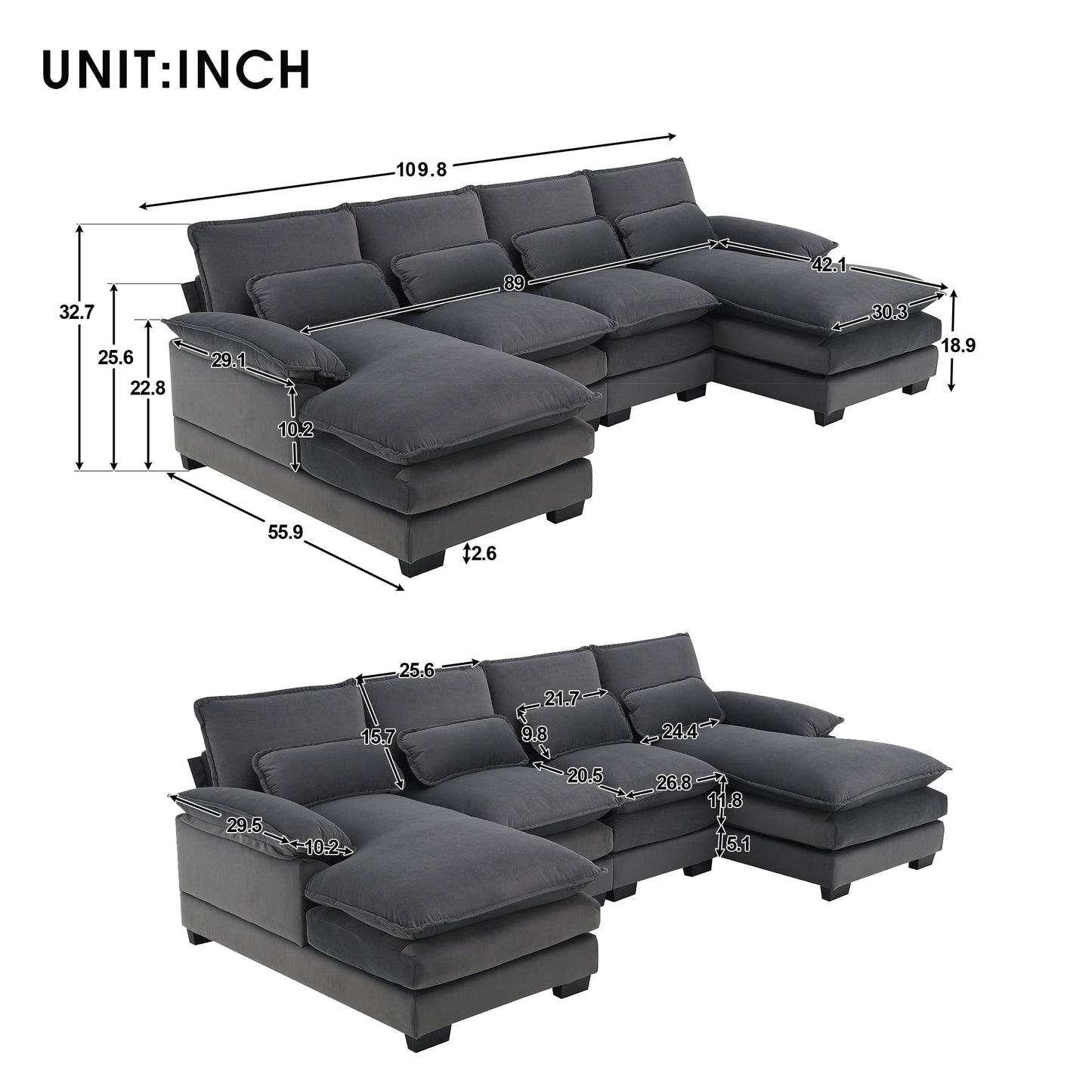 [VIDÉO fournie][Nouveau]Canapé sectionnel moderne en forme de U 109,8 x 55,9 avec coussins de taille, canapé symétrique rembourré 6 places