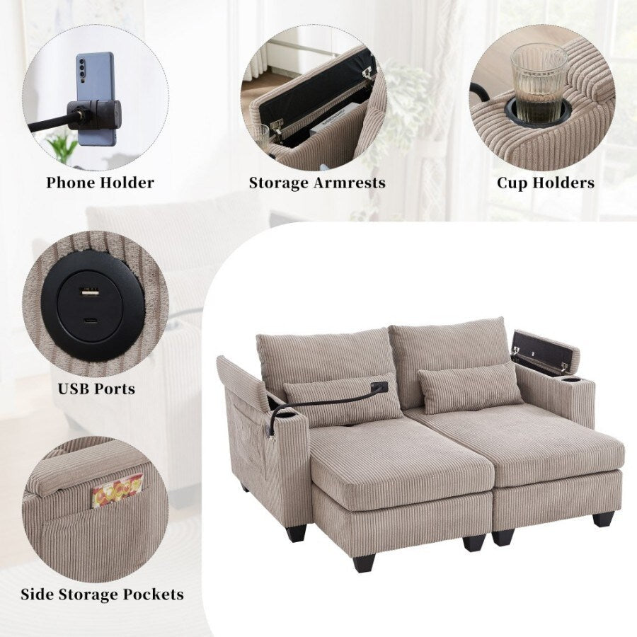 Canapé-lit convertible en velours côtelé de 63 pouces avec ports USB, deux porte-gobelets et un support pour téléphone pour le salon