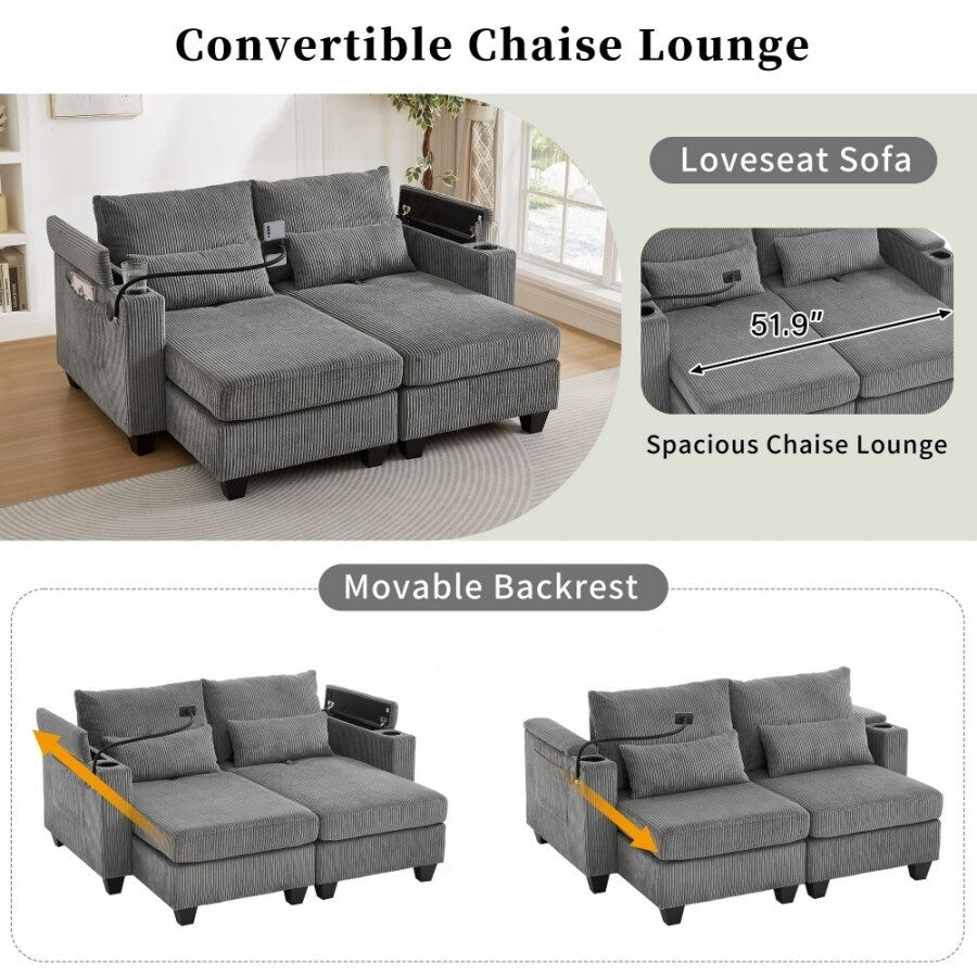Canapé-lit convertible en velours côtelé de 63 pouces avec ports USB, deux porte-gobelets et un support pour téléphone pour le salon