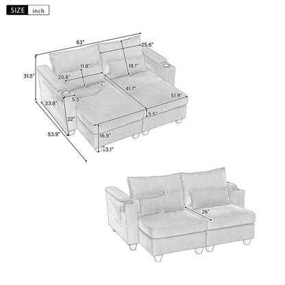 Canapé-lit convertible en velours côtelé de 63 pouces avec ports USB, deux porte-gobelets et un support pour téléphone pour le salon