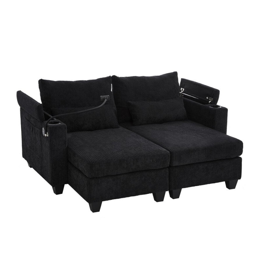 Canapé-lit convertible en velours côtelé de 63 pouces avec ports USB, deux porte-gobelets et un support pour téléphone pour le salon