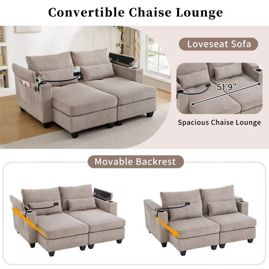Canapé-lit convertible en velours côtelé de 63 pouces avec ports USB, deux porte-gobelets et un support pour téléphone pour le salon