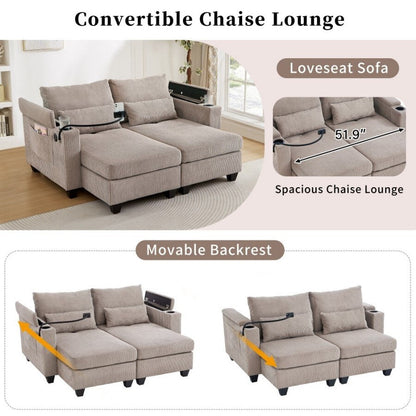 Canapé-lit convertible en velours côtelé de 63 pouces avec ports USB, deux porte-gobelets et un support pour téléphone pour le salon