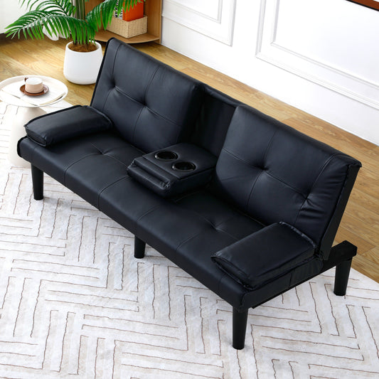 Canapé-lit pliable en PVC noir de 67 pouces avec porte-gobelet pour salon, chambre d'amis, dortoir, bureau
