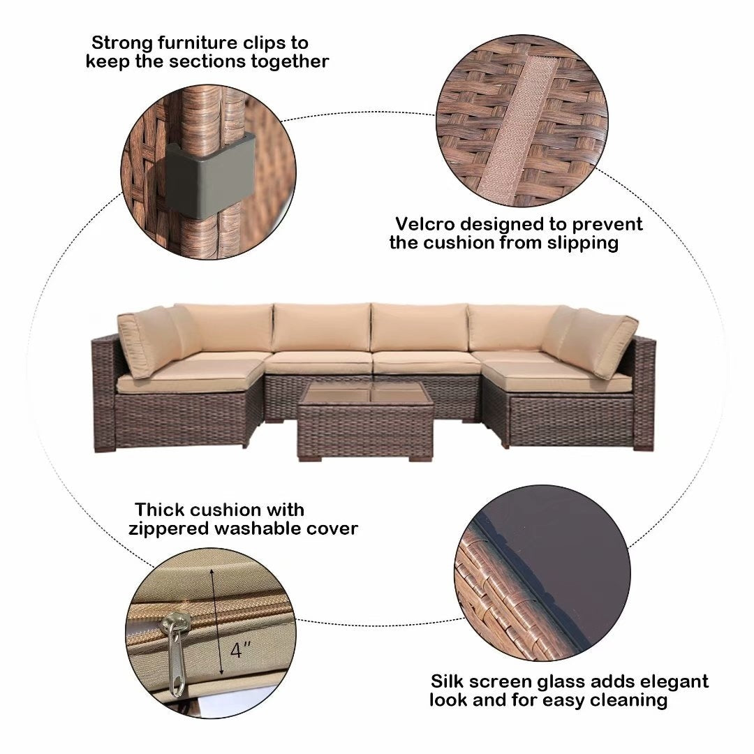 Ensemble de canapés d'angle d'extérieur 7 pièces en osier et acier avec coussins