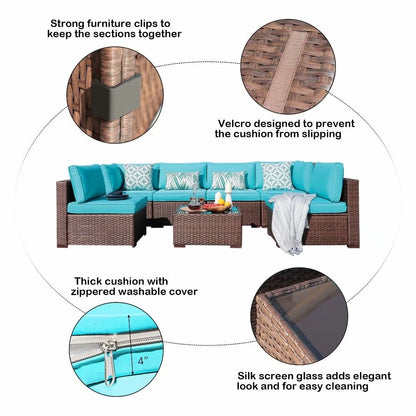 Ensemble de canapés d'angle d'extérieur 7 pièces en osier et acier avec coussins