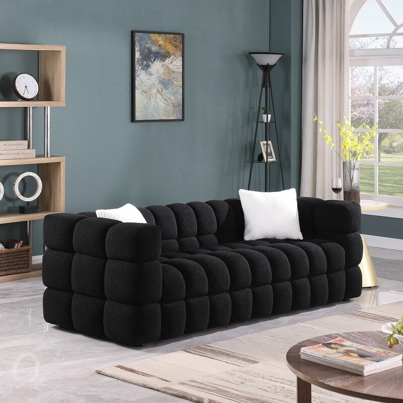 84.3 Luxueux grand canapé Boucle 3 places rembourré Marshmallow avec 2 coussins décoratifs carrés et accoudoir carré