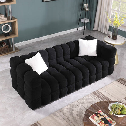 84.3 Luxueux grand canapé Boucle 3 places rembourré Marshmallow avec 2 coussins décoratifs carrés et accoudoir carré