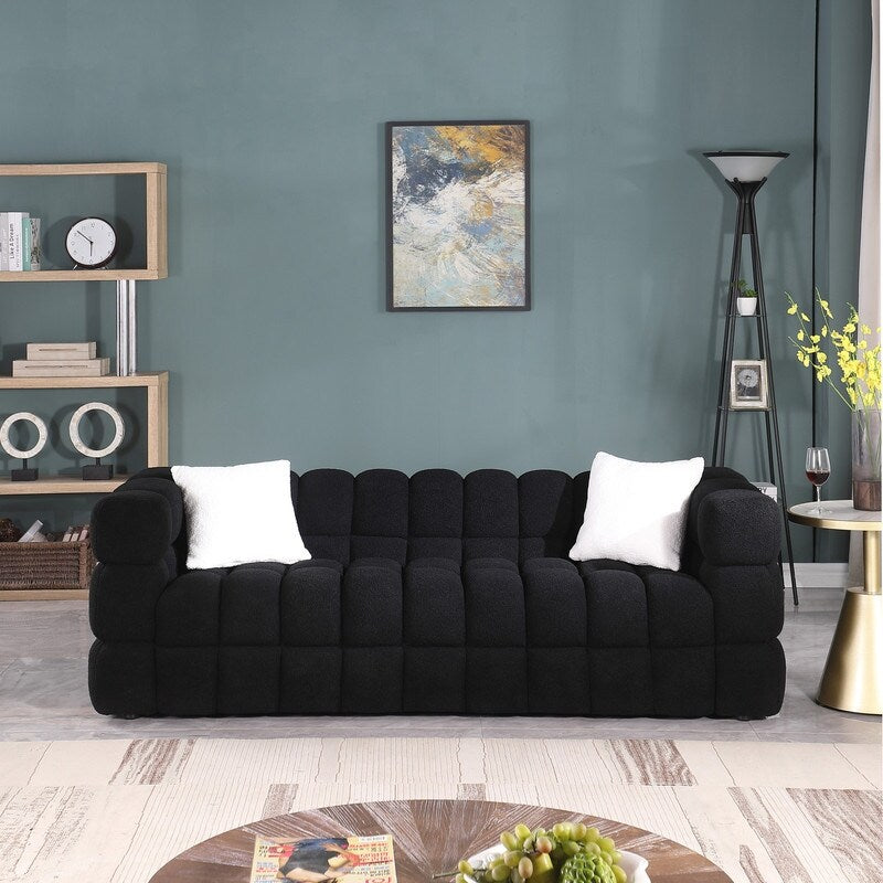 84.3 Luxueux grand canapé Boucle 3 places rembourré Marshmallow avec 2 coussins décoratifs carrés et accoudoir carré