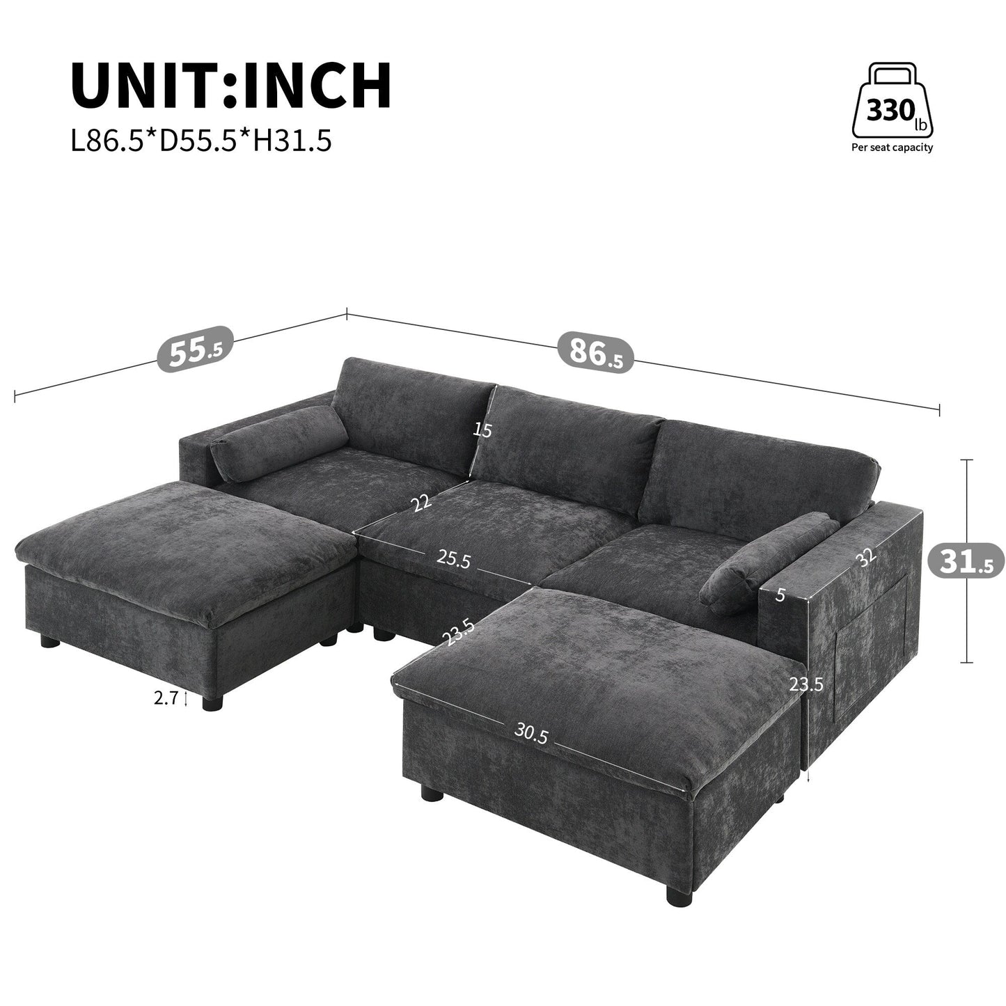 Canapé sectionnel en chenille en forme de U de 86,5 pouces avec poches de rangement, 2 poufs amovibles et coussins décoratifs pour le salon
